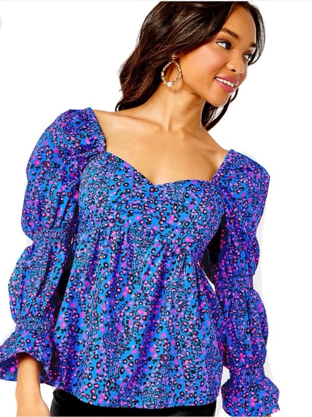 Lilly Pulitzer Blue & Purple Floral Puff-Sleeve Sweetheart Blouse